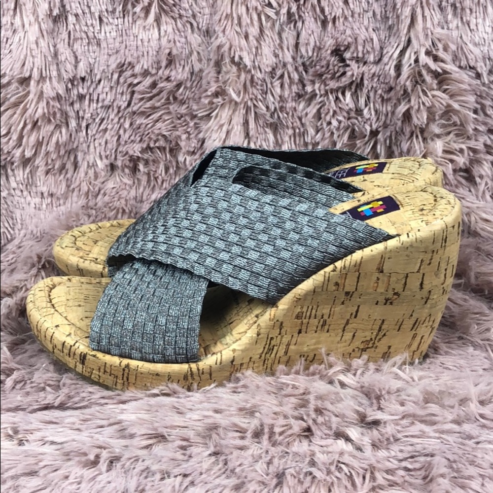 Zee Alexis Shiny Sliver Criss Cross Cork Wedges 
size 38 US:8